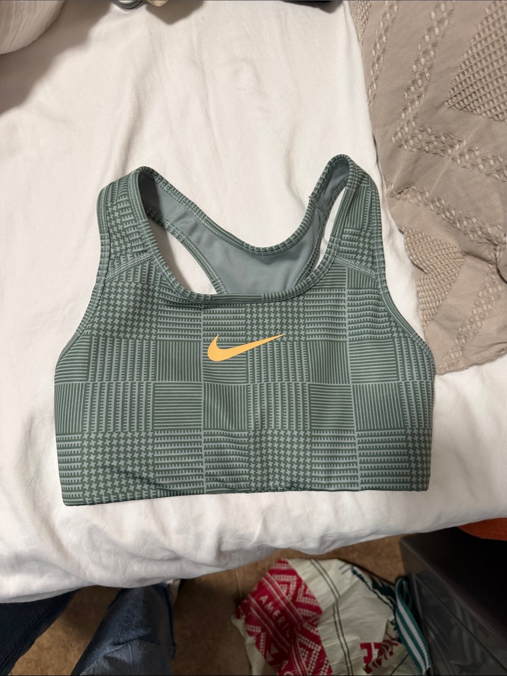 Nike Green Patterned Racerback Sports Bra with Yellow Swoosh